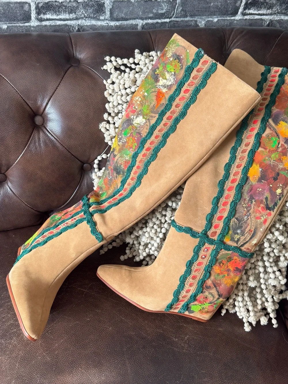 Custom Hand-Painted Beige Suede Boots green accent unique boho western boot
